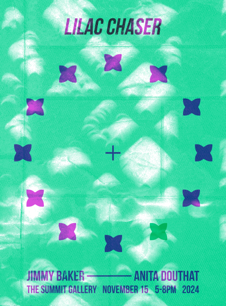 green and pink poster stating "Lilac chaser, Jimmy Baker, Anita Douthat, Summit Gallery, November 15, 2024" art exhibition of paintings