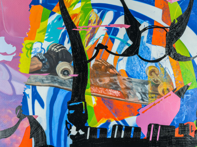painting by contemporary artist Jimmy Baker, a detail of Soft Power 2 showing: a skateboard smashing into an abstracted car with black harness straps