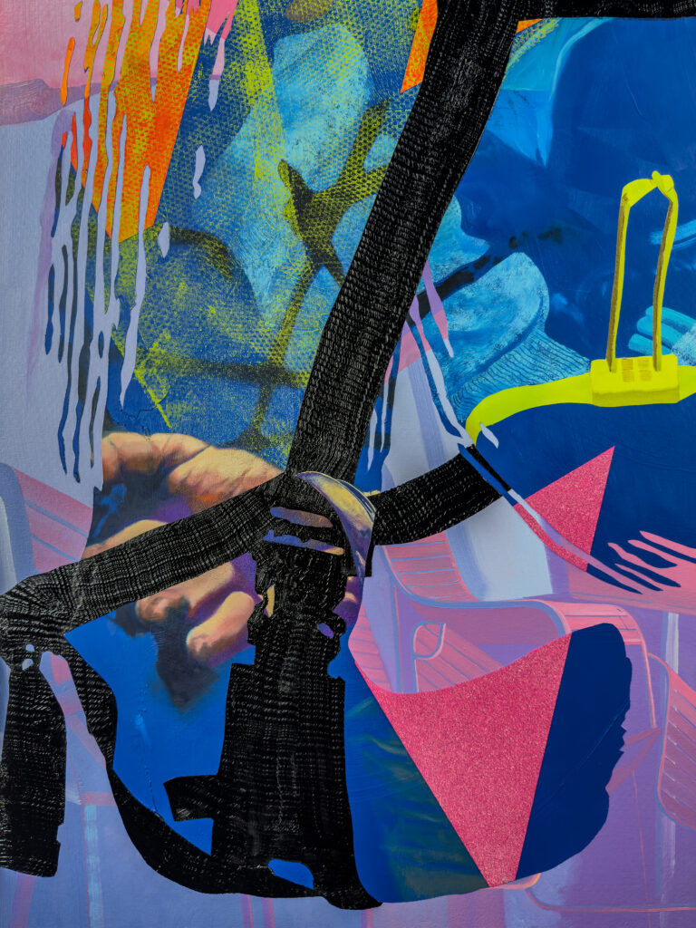 painting by contemporary artist Jimmy Baker, a detail of Soft Power 4 showing: green zip tie restraints, a fist, and black straps on a colorful geometric ground