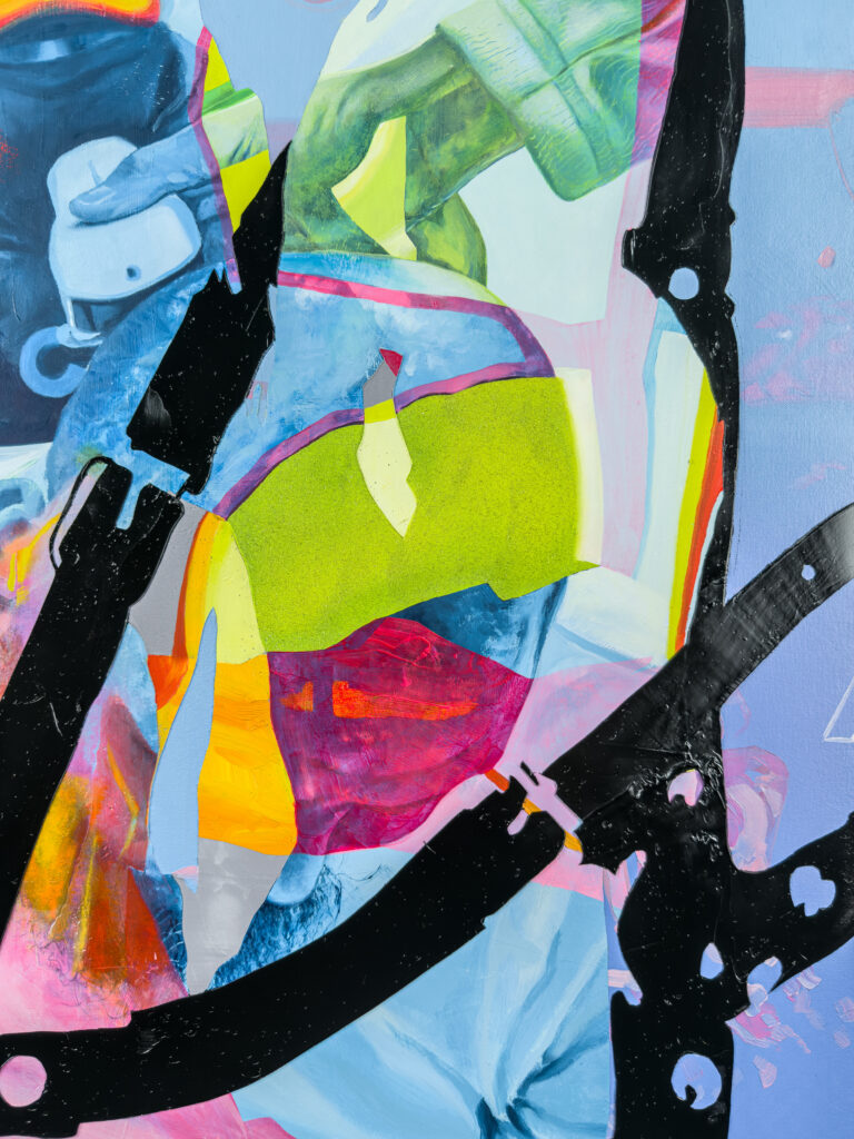 painting by contemporary artist Jimmy Baker, a detail of Soft Power 5 showing: a man's head downward being shaved in cool blues with black straps