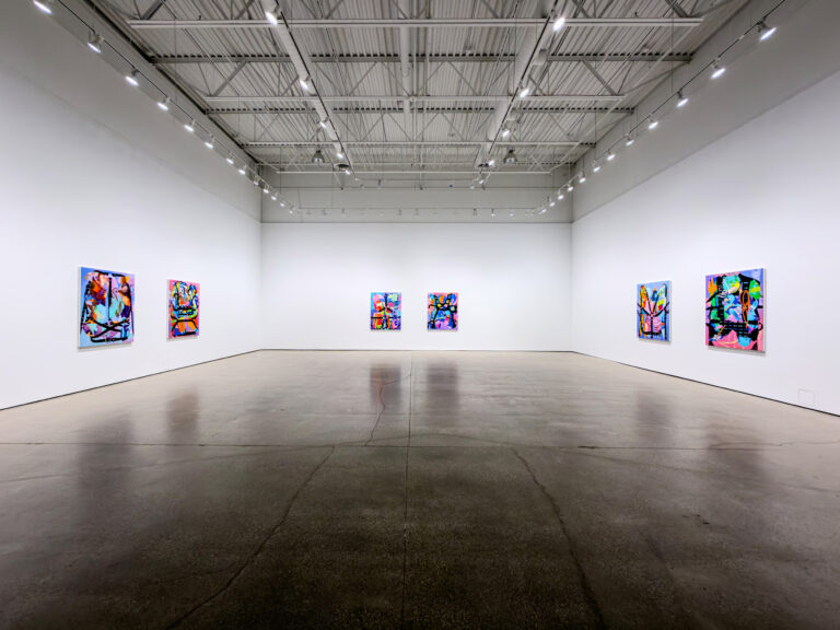 six paintings hanging in a large white gallery for the exhibition Glancing Gutted by American painter Jimmy Baker