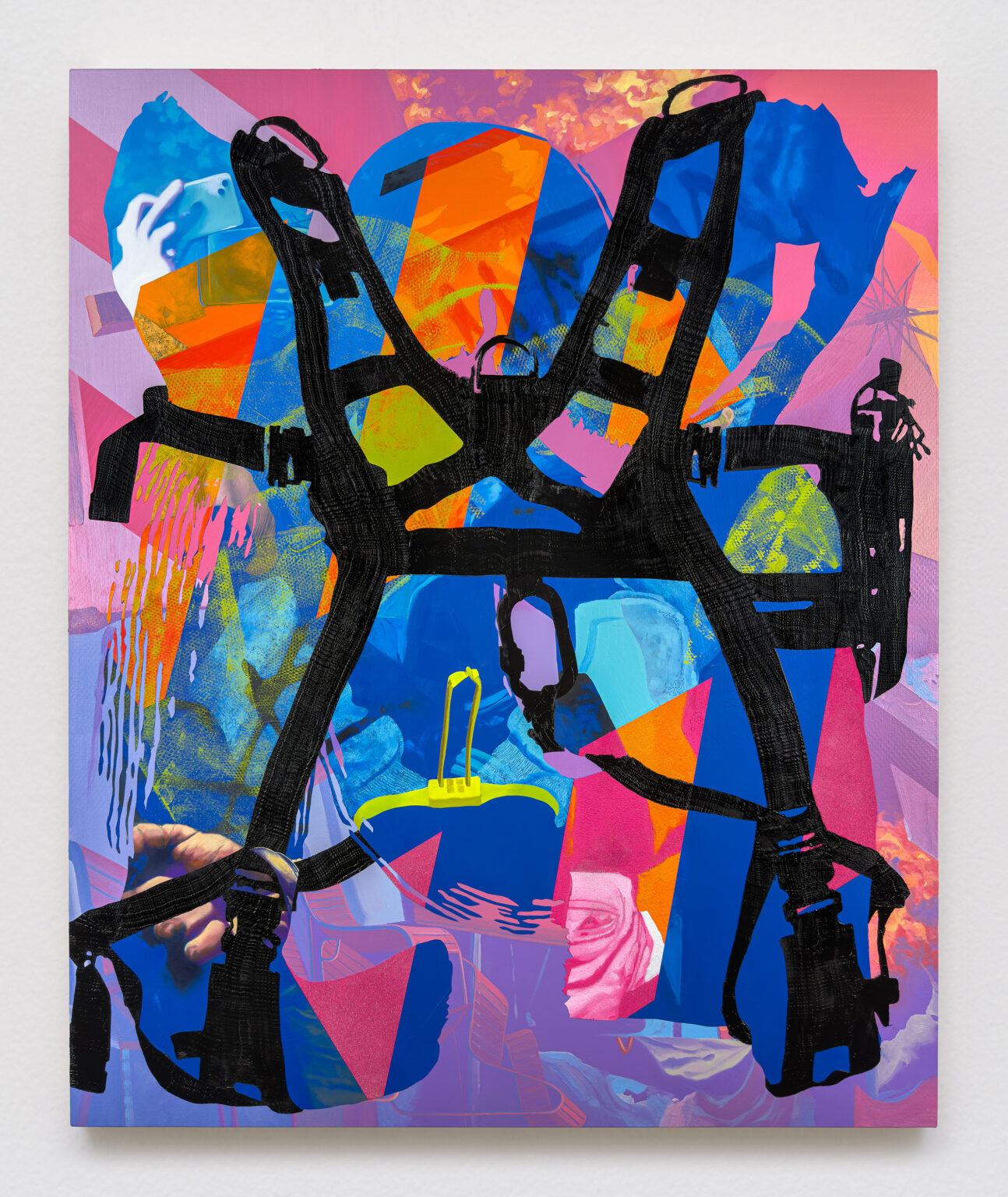 Abstract painting with a black tactical harness image. Soft Power 4 by contemporary painter Jimmy Baker.