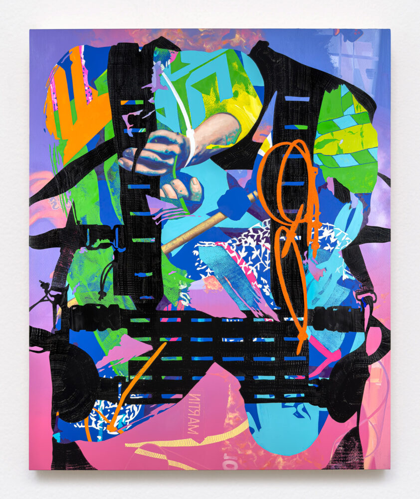 Abstract painting with a black tactical harness image. Soft Power 6 by contemporary painter Jimmy Baker.